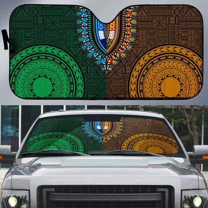 Green-gold Dashiki and Tapa Pattern Auto Sun Shade Africa-Polynesia Together Culture