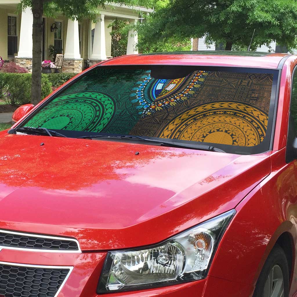 Green-gold Dashiki and Tapa Pattern Auto Sun Shade Africa-Polynesia Together Culture