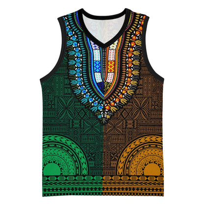 Green-gold Dashiki and Tapa Pattern Basketball Jersey Africa-Polynesia Together Culture LT9