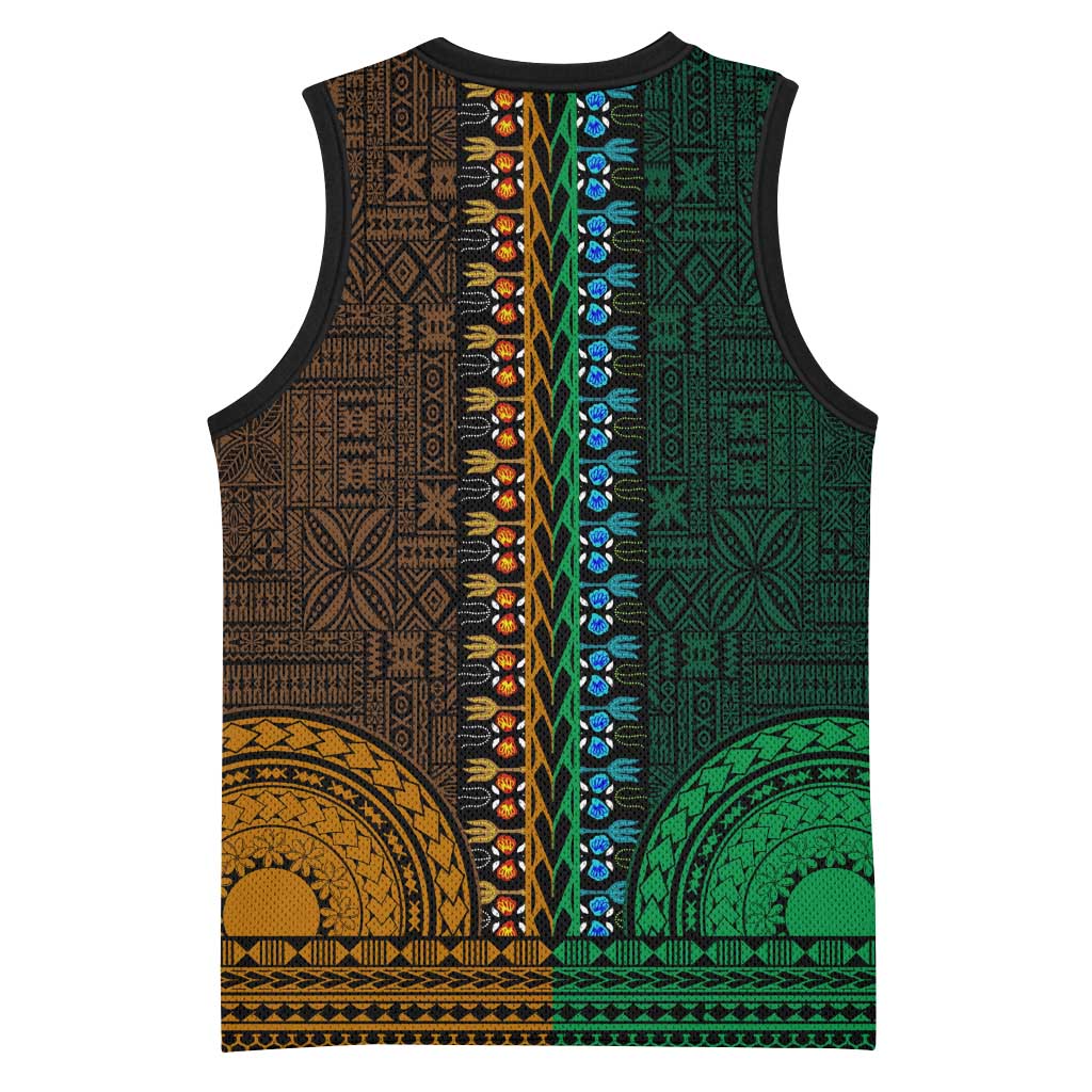 Green-gold Dashiki and Tapa Pattern Basketball Jersey Africa-Polynesia Together Culture LT9