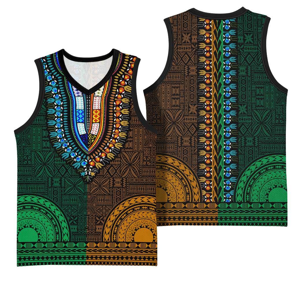 Green-gold Dashiki and Tapa Pattern Basketball Jersey Africa-Polynesia Together Culture LT9