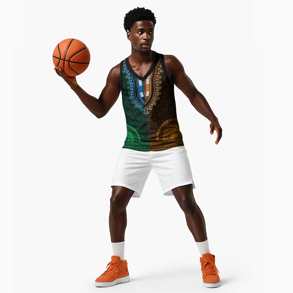 Green-gold Dashiki and Tapa Pattern Basketball Jersey Africa-Polynesia Together Culture LT9