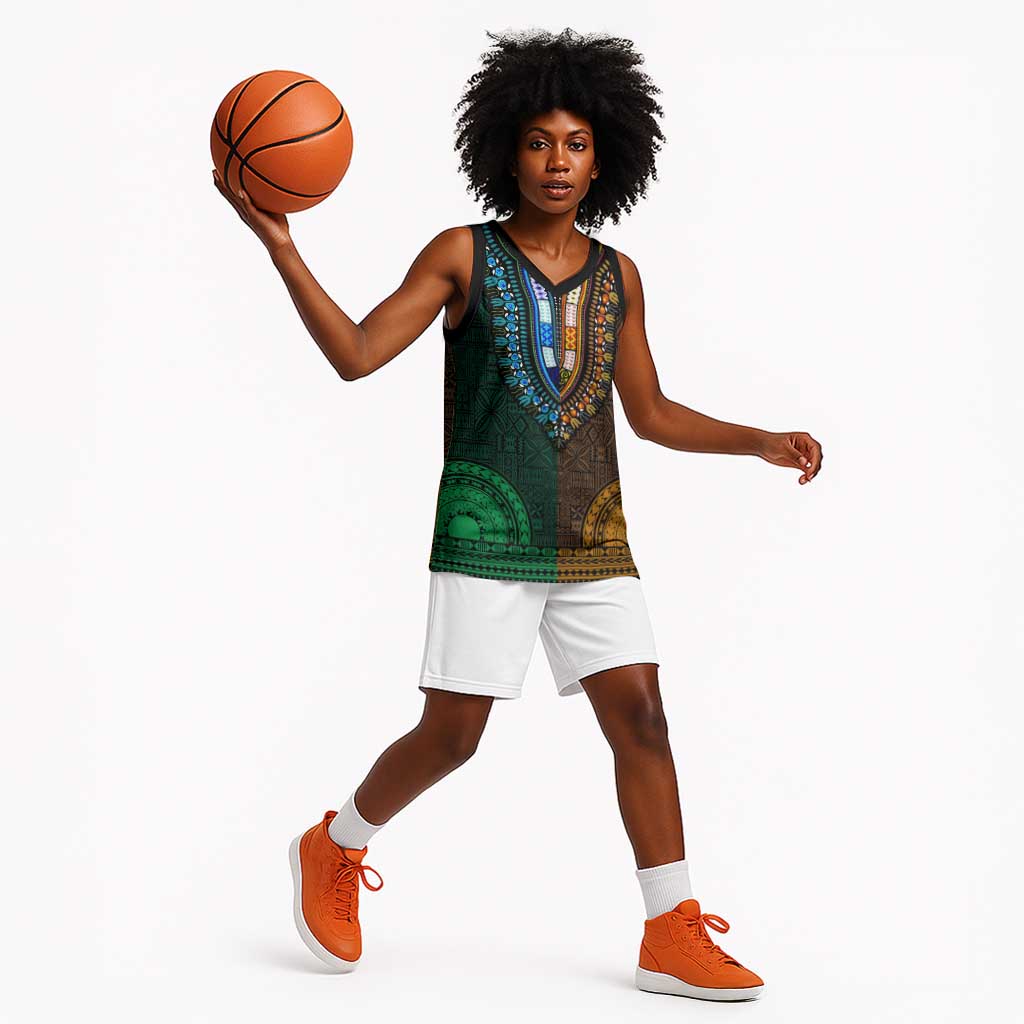 Green-gold Dashiki and Tapa Pattern Basketball Jersey Africa-Polynesia Together Culture LT9