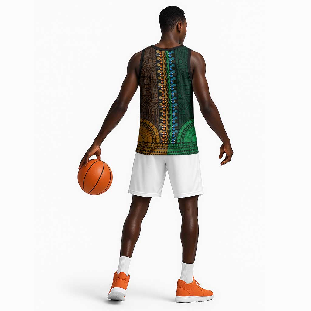 Green-gold Dashiki and Tapa Pattern Basketball Jersey Africa-Polynesia Together Culture LT9