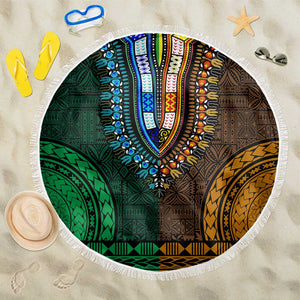 Green-gold Dashiki and Tapa Pattern Beach Blanket Africa-Polynesia Together Culture