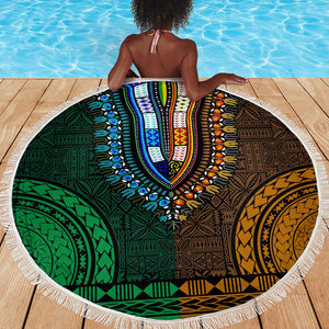 Green-gold Dashiki and Tapa Pattern Beach Blanket Africa-Polynesia Together Culture