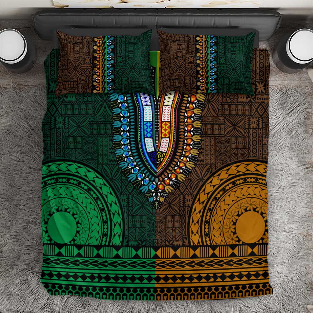 Green-gold Dashiki and Tapa Pattern Bedding Set Africa-Polynesia Together Culture