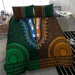 Green-gold Dashiki and Tapa Pattern Bedding Set Africa-Polynesia Together Culture