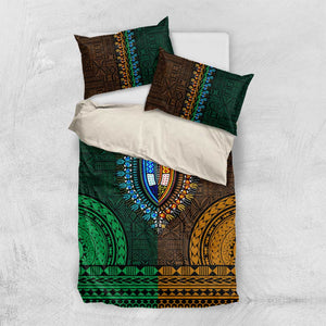 Green-gold Dashiki and Tapa Pattern Bedding Set Africa-Polynesia Together Culture