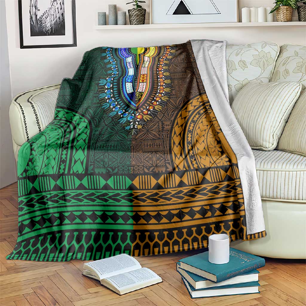 Green-gold Dashiki and Tapa Pattern Blanket Africa-Polynesia Together Culture