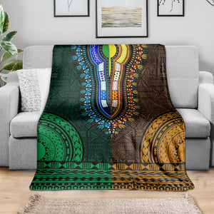 Green-gold Dashiki and Tapa Pattern Blanket Africa-Polynesia Together Culture