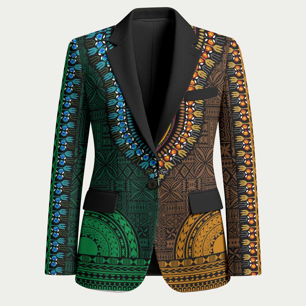 Green-gold Dashiki and Tapa Pattern Blazer Africa-Polynesia Together Culture