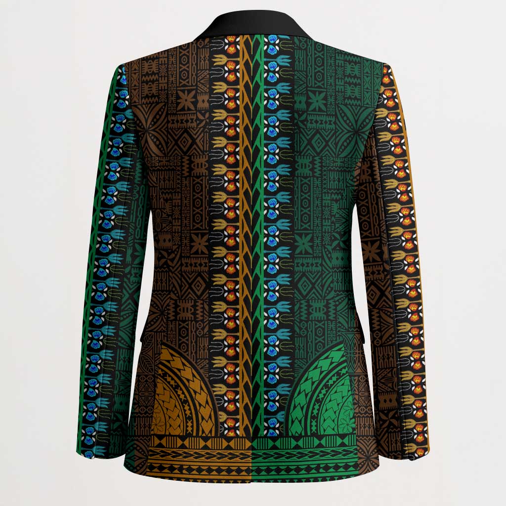 Green-gold Dashiki and Tapa Pattern Blazer Africa-Polynesia Together Culture