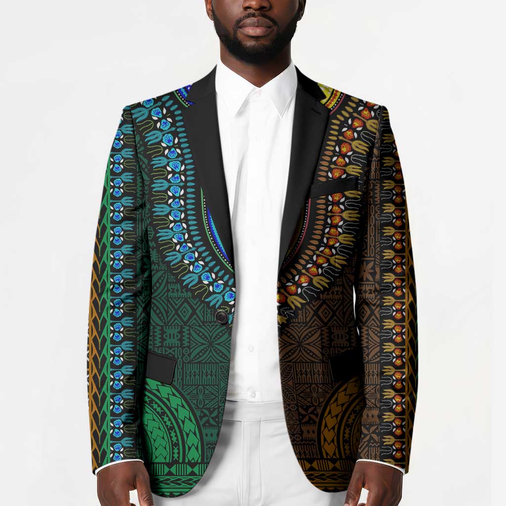 Green-gold Dashiki and Tapa Pattern Blazer Africa-Polynesia Together Culture