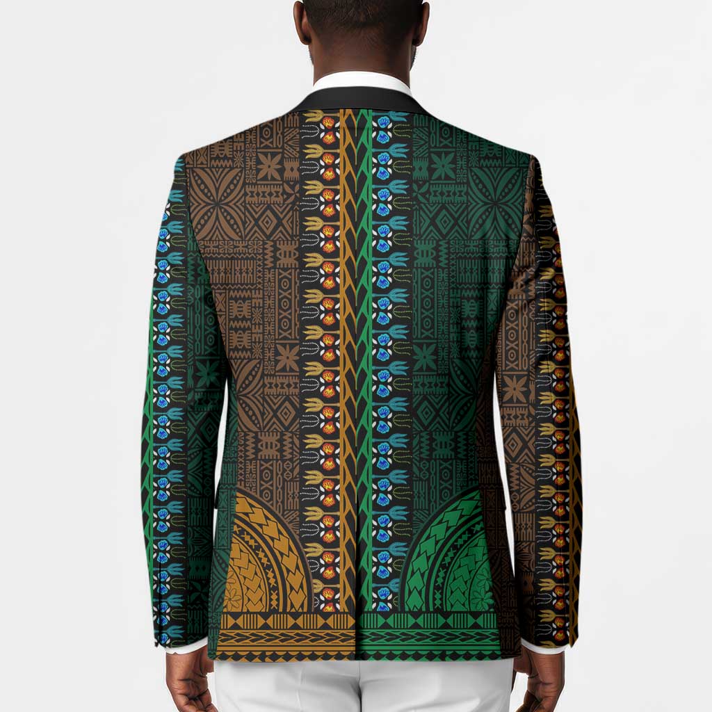 Green-gold Dashiki and Tapa Pattern Blazer Africa-Polynesia Together Culture