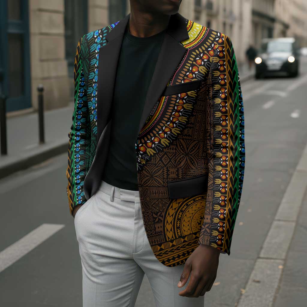 Green-gold Dashiki and Tapa Pattern Blazer Africa-Polynesia Together Culture