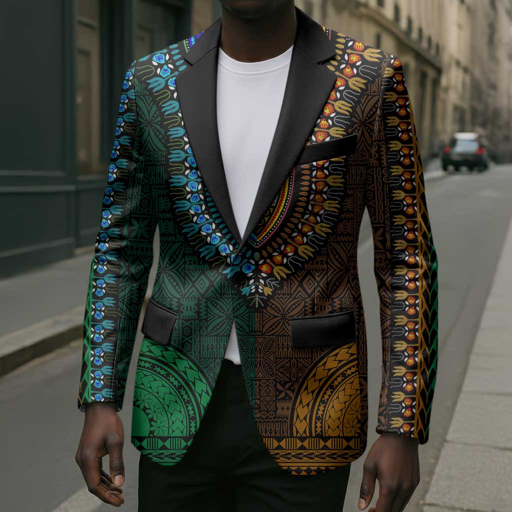 Green-gold Dashiki and Tapa Pattern Blazer Africa-Polynesia Together Culture