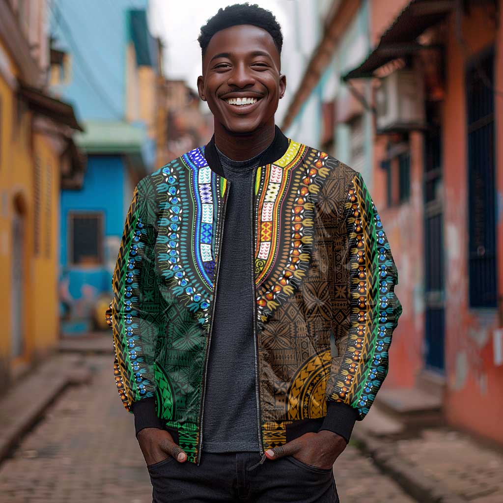 Green-gold Dashiki and Tapa Pattern Bomber Jacket Africa-Polynesia Together Culture