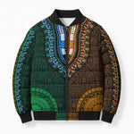 Green-gold Dashiki and Tapa Pattern Bomber Puffer Jacket Africa-Polynesia Together Culture