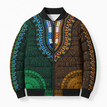Green-gold Dashiki and Tapa Pattern Bomber Puffer Jacket Africa-Polynesia Together Culture