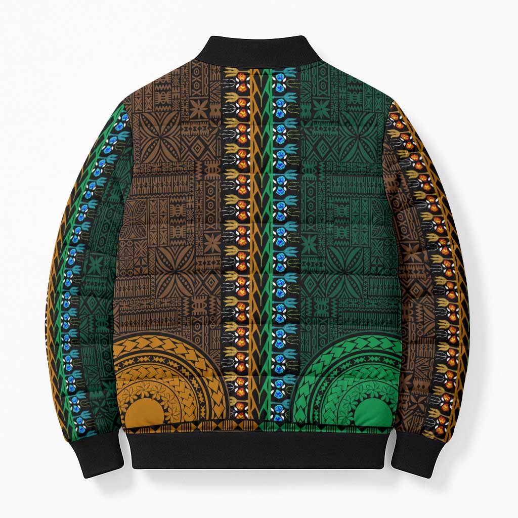 Green-gold Dashiki and Tapa Pattern Bomber Puffer Jacket Africa-Polynesia Together Culture