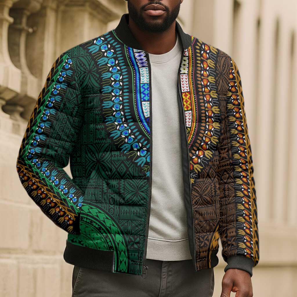 Green-gold Dashiki and Tapa Pattern Bomber Puffer Jacket Africa-Polynesia Together Culture