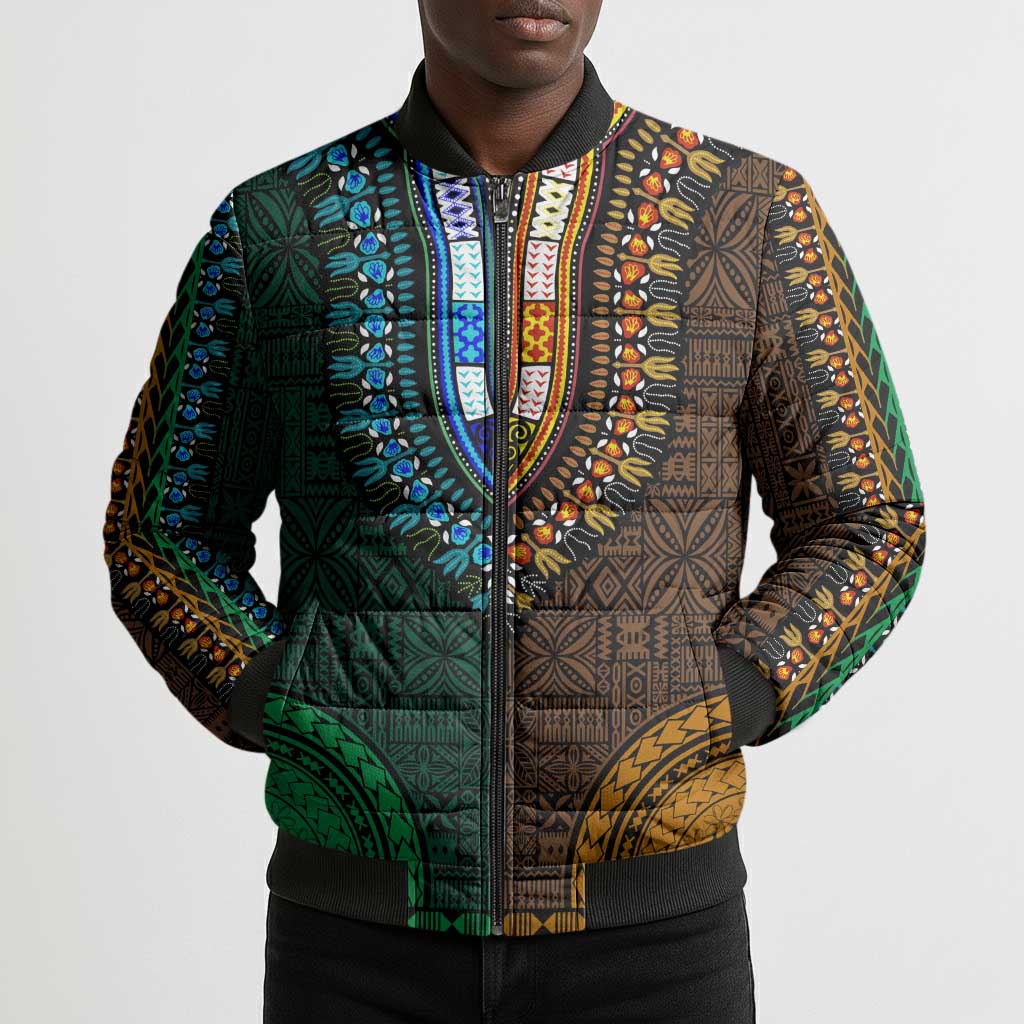 Green-gold Dashiki and Tapa Pattern Bomber Puffer Jacket Africa-Polynesia Together Culture