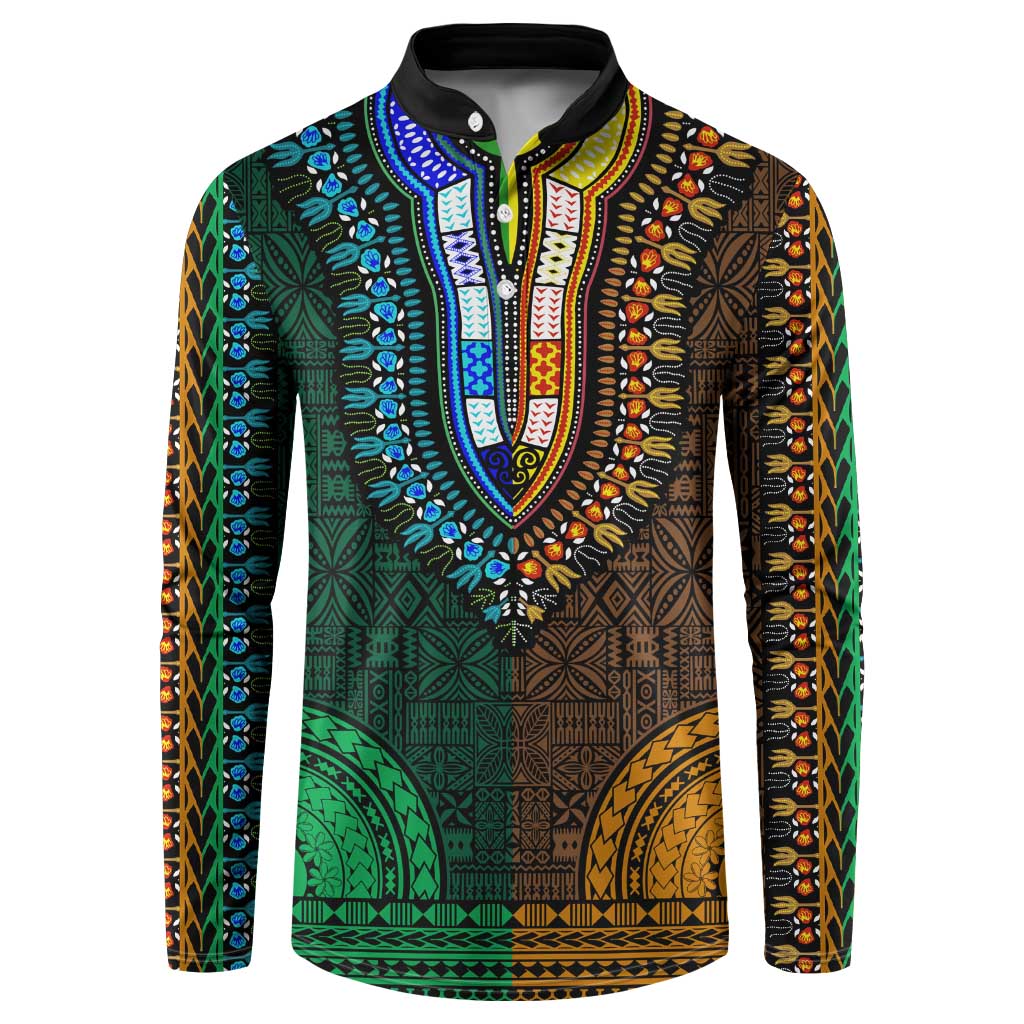 Green-gold Dashiki and Tapa Pattern Button Sweatshirt Africa-Polynesia Together Culture