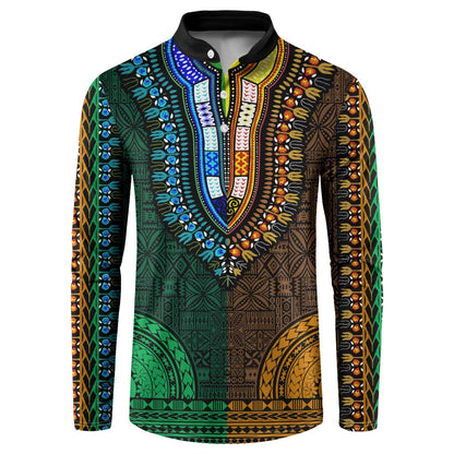 Green-gold Dashiki and Tapa Pattern Button Sweatshirt Africa-Polynesia Together Culture
