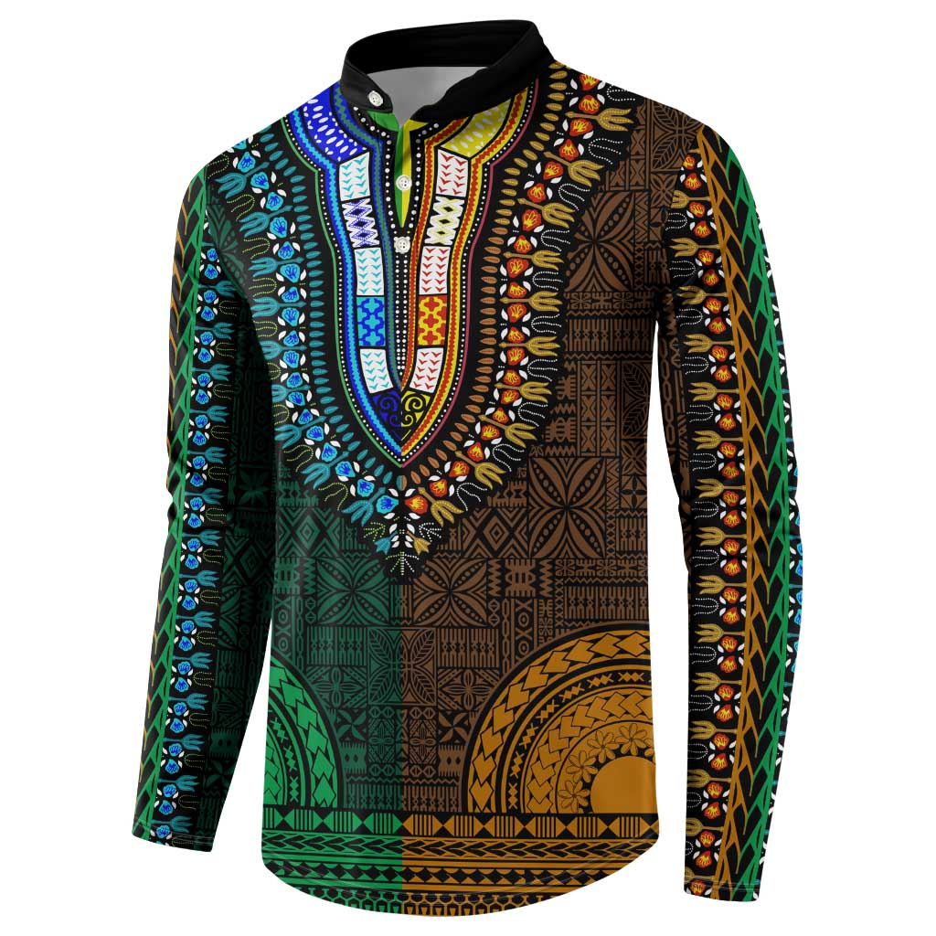 Green-gold Dashiki and Tapa Pattern Button Sweatshirt Africa-Polynesia Together Culture