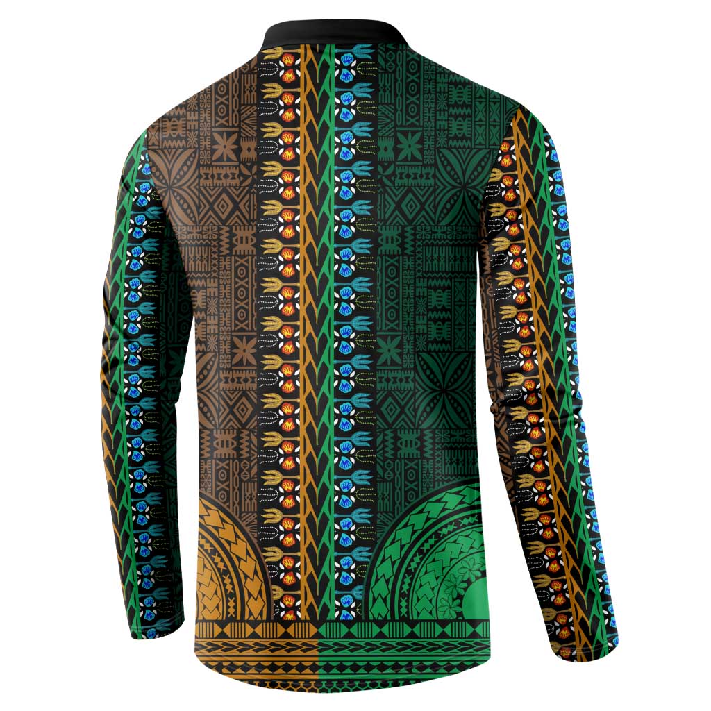 Green-gold Dashiki and Tapa Pattern Button Sweatshirt Africa-Polynesia Together Culture