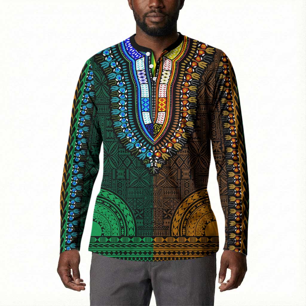 Green-gold Dashiki and Tapa Pattern Button Sweatshirt Africa-Polynesia Together Culture