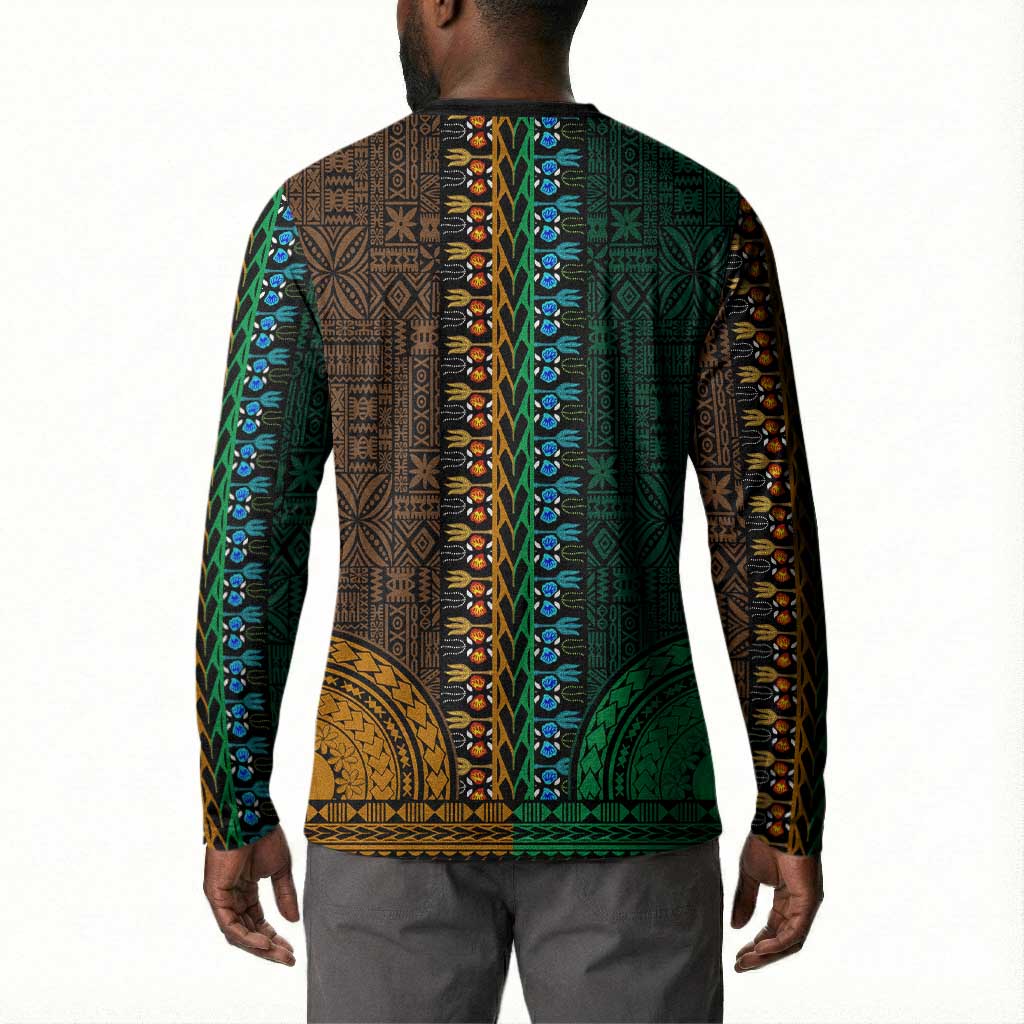 Green-gold Dashiki and Tapa Pattern Button Sweatshirt Africa-Polynesia Together Culture