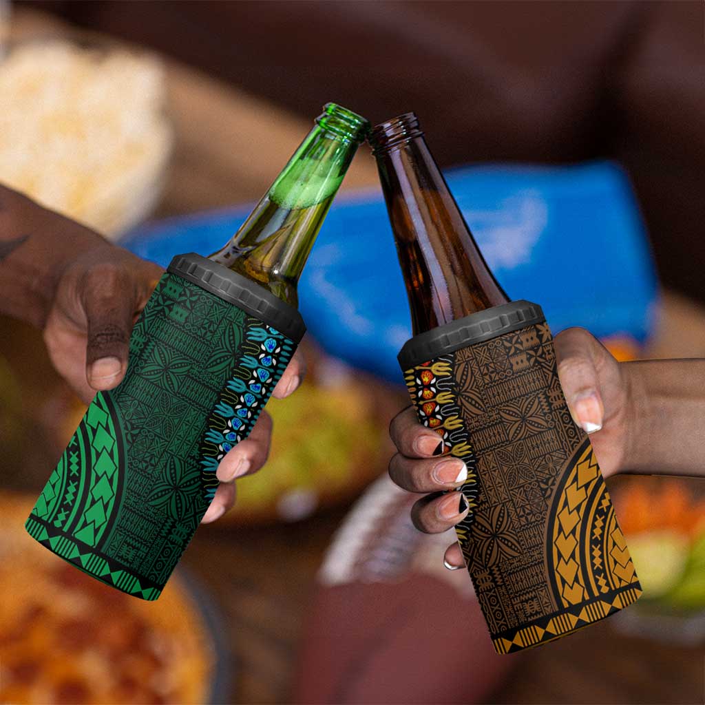 Green-gold Dashiki and Tapa Pattern 4 in 1 Can Cooler Tumbler Africa-Polynesia Together Culture