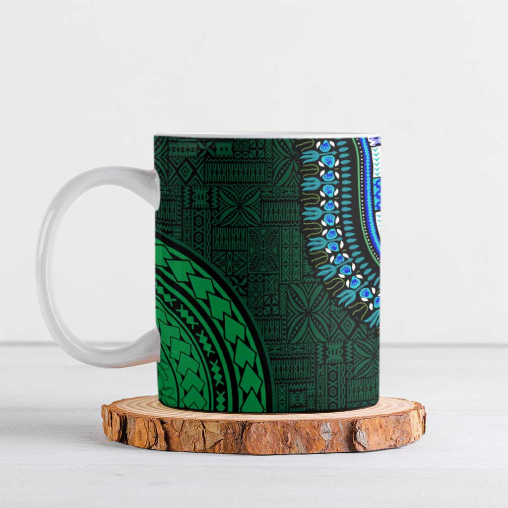 Green-gold Dashiki and Tapa Pattern Ceramic Mug Africa-Polynesia Together Culture