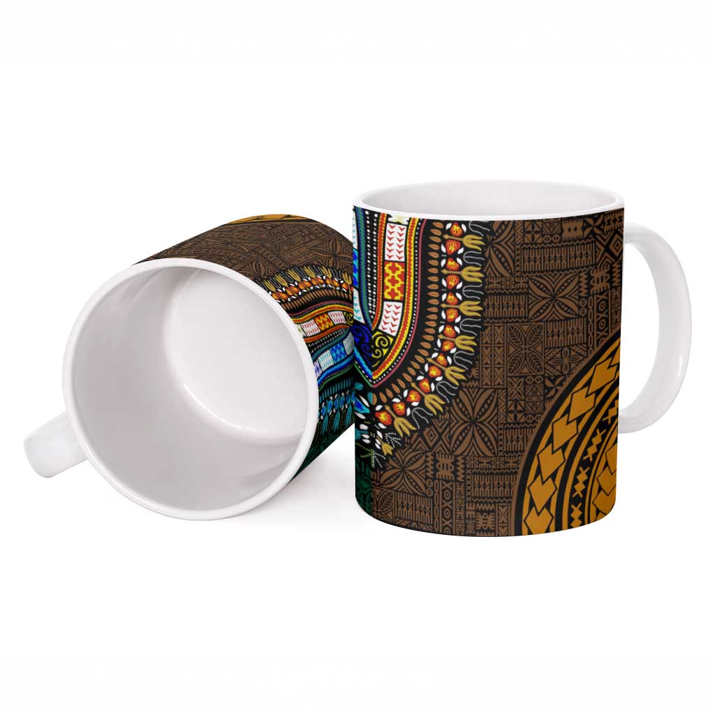 Green-gold Dashiki and Tapa Pattern Ceramic Mug Africa-Polynesia Together Culture