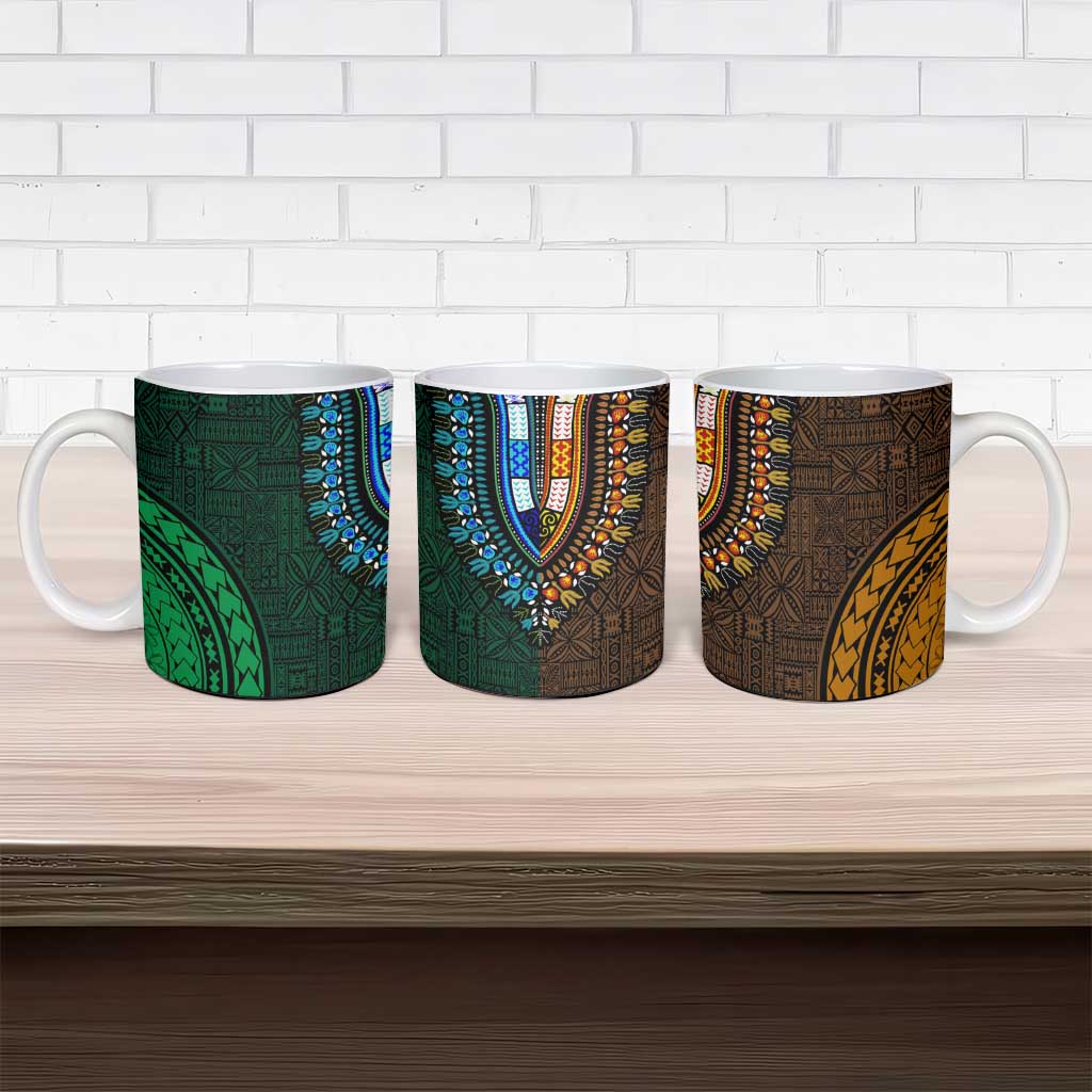 Green-gold Dashiki and Tapa Pattern Ceramic Mug Africa-Polynesia Together Culture