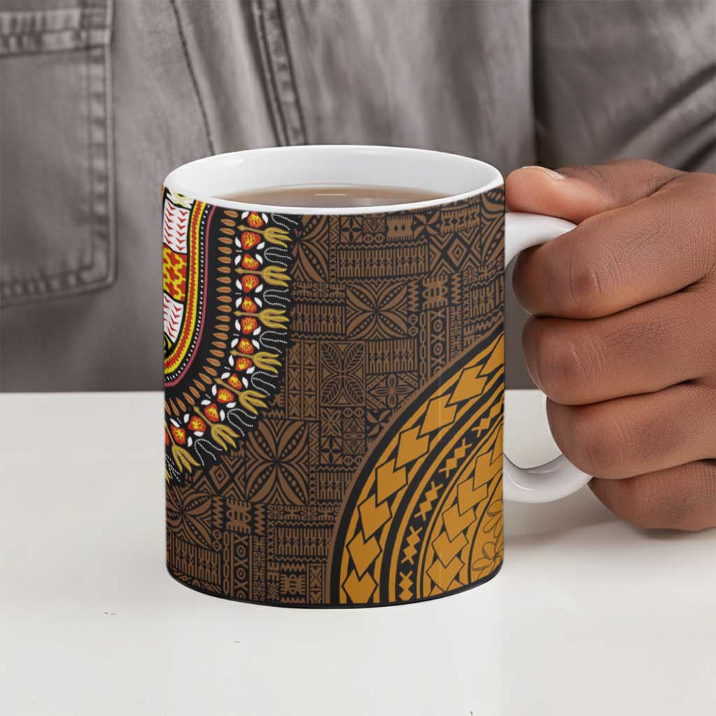 Green-gold Dashiki and Tapa Pattern Ceramic Mug Africa-Polynesia Together Culture