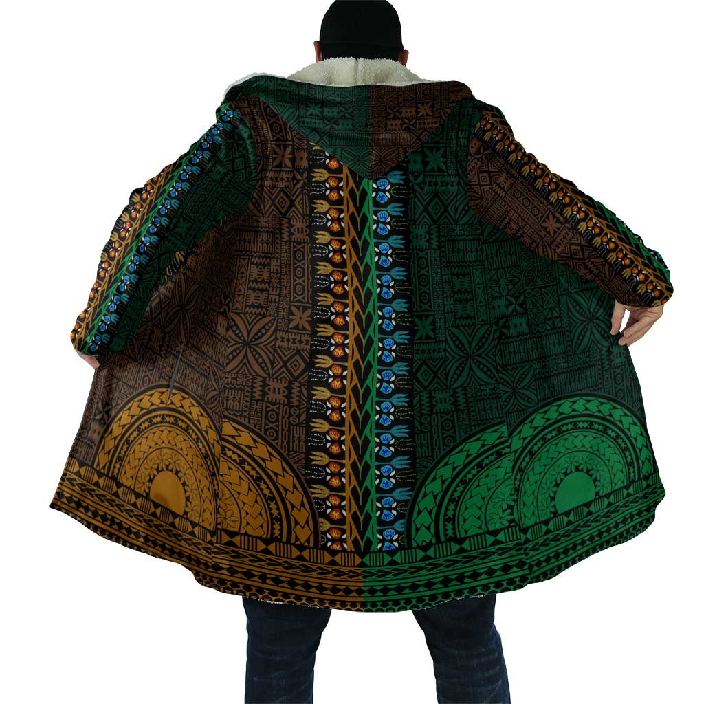 Green-gold Dashiki and Tapa Pattern Cloak Africa-Polynesia Together Culture