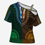 Green-gold Dashiki and Tapa Pattern Cross Shoulder Shirt Africa-Polynesia Together Culture