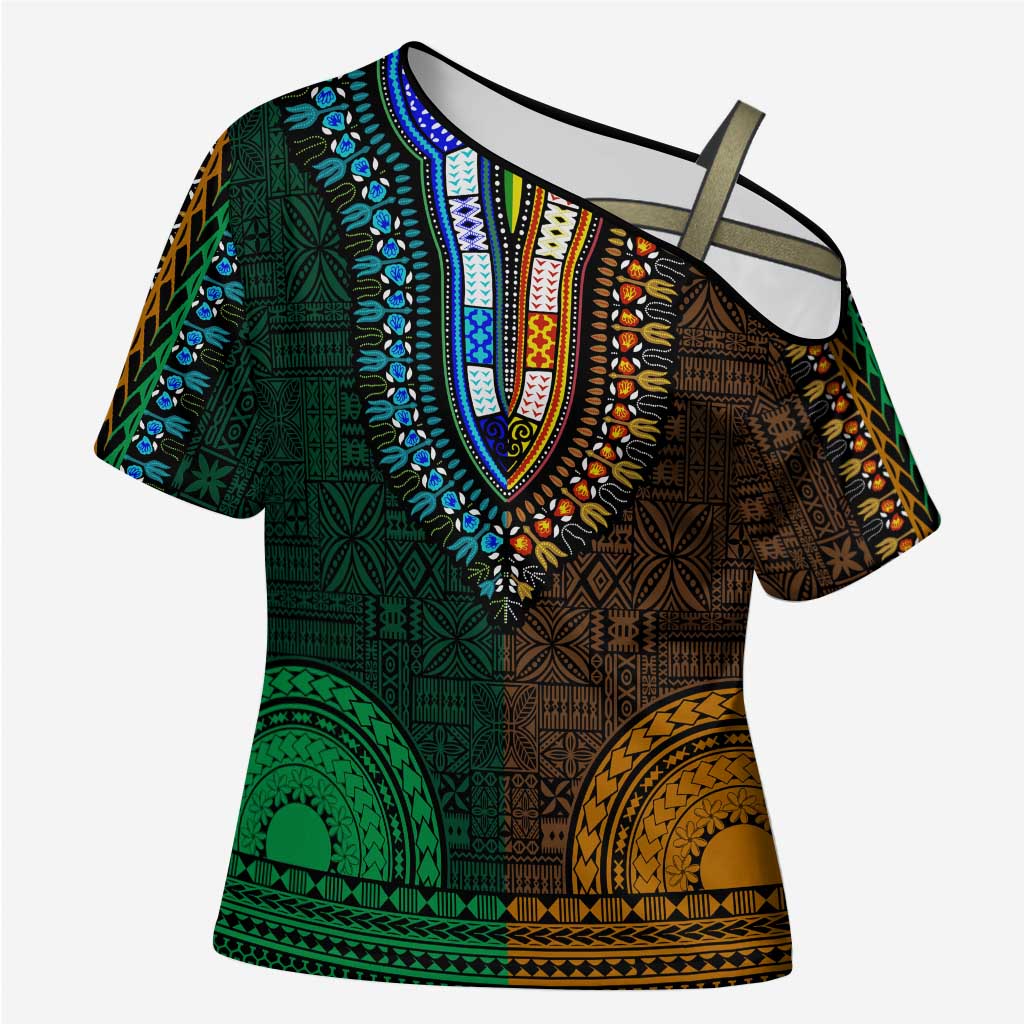 Green-gold Dashiki and Tapa Pattern Cross Shoulder Shirt Africa-Polynesia Together Culture