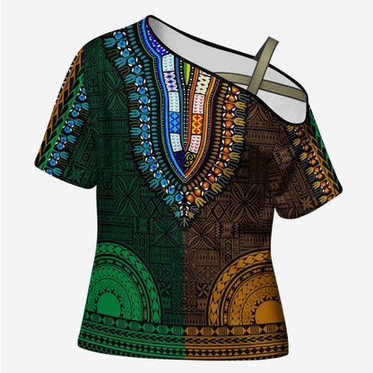 Green-gold Dashiki and Tapa Pattern Cross Shoulder Shirt Africa-Polynesia Together Culture