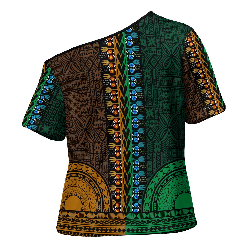 Green-gold Dashiki and Tapa Pattern Cross Shoulder Shirt Africa-Polynesia Together Culture