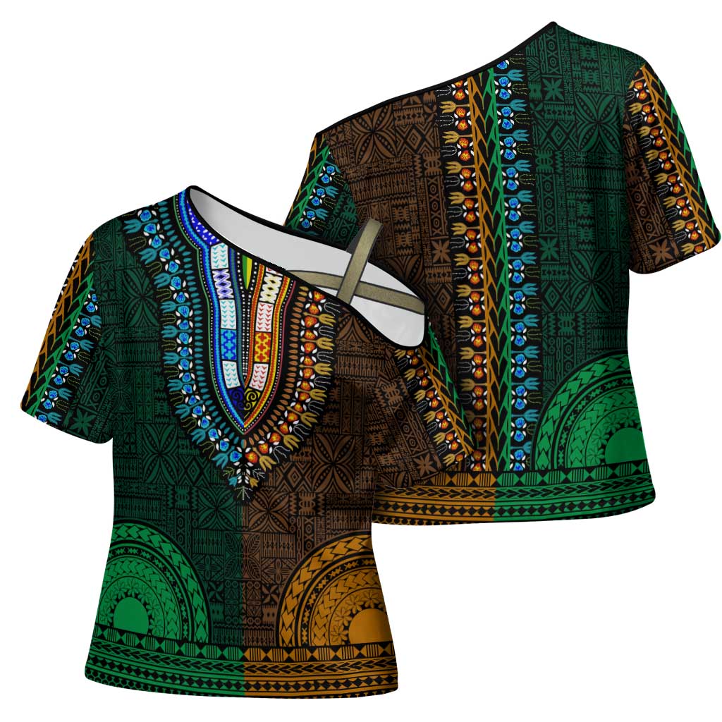 Green-gold Dashiki and Tapa Pattern Cross Shoulder Shirt Africa-Polynesia Together Culture
