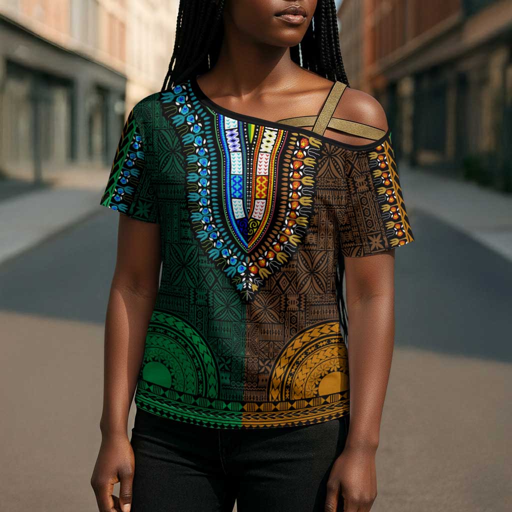 Green-gold Dashiki and Tapa Pattern Cross Shoulder Shirt Africa-Polynesia Together Culture