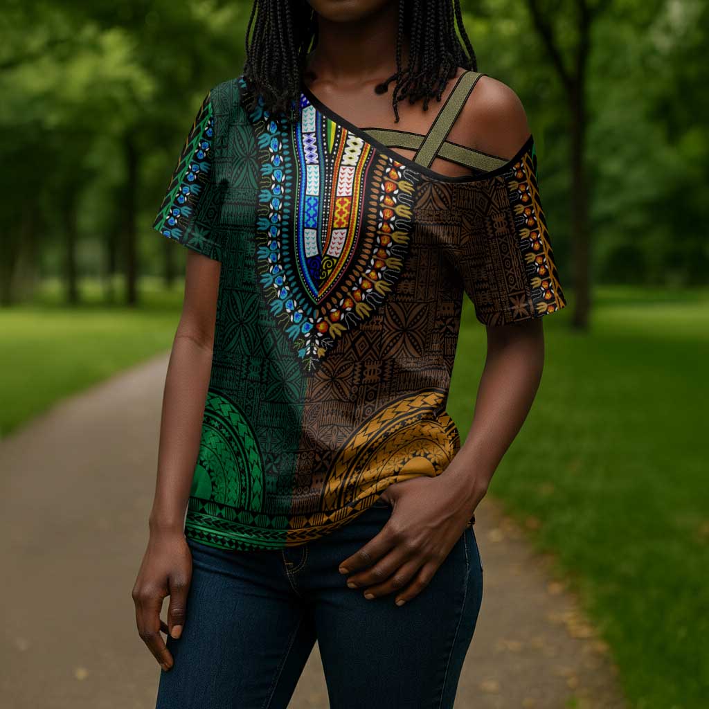 Green-gold Dashiki and Tapa Pattern Cross Shoulder Shirt Africa-Polynesia Together Culture