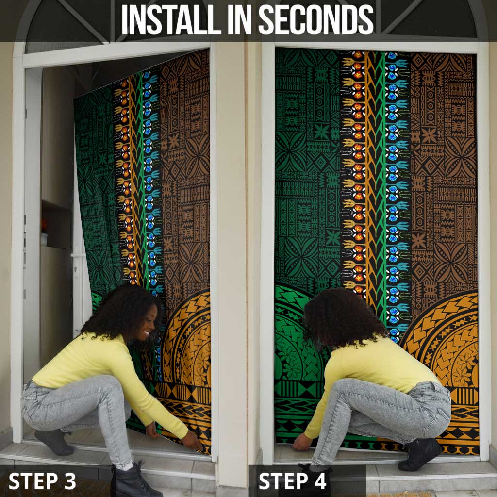 Green-gold Dashiki and Tapa Pattern Door Cover Africa-Polynesia Together Culture