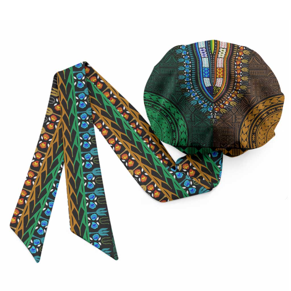 Green-gold Dashiki and Tapa Pattern Easy Headwrap Africa and Polynesia Together Culture