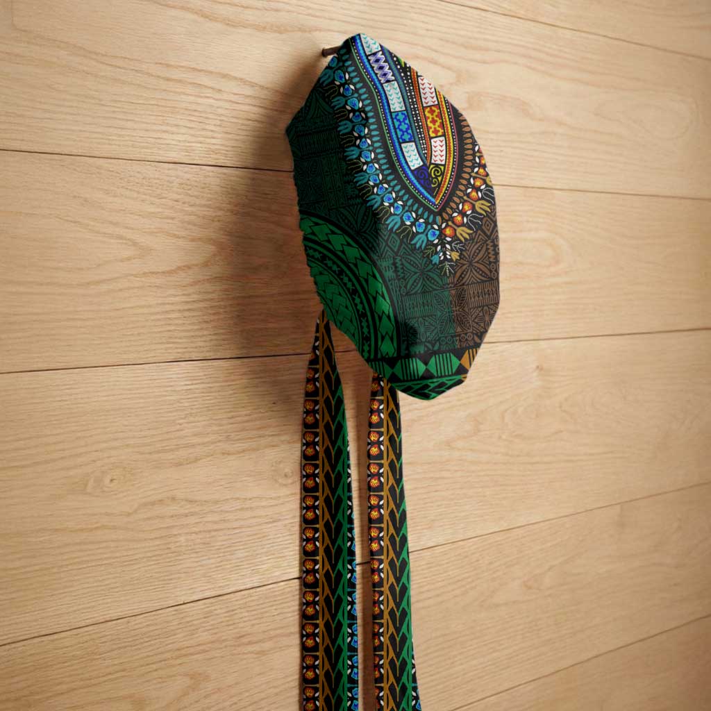 Green-gold Dashiki and Tapa Pattern Easy Headwrap Africa and Polynesia Together Culture