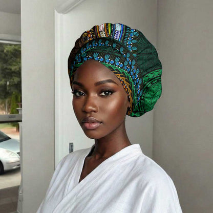 Green-gold Dashiki and Tapa Pattern Easy Headwrap Africa and Polynesia Together Culture